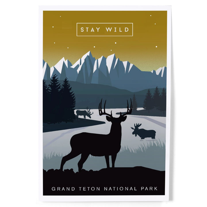 Grand Teton National Park, Wyoming, Animal Silhouettes, Yellow and Blue, Art & Giclee Prints Art Lantern Press 12 x 18 Art Print