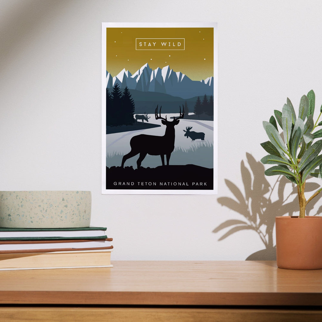 Grand Teton National Park, Wyoming, Animal Silhouettes, Yellow and Blue, Art & Giclee Prints Art Lantern Press