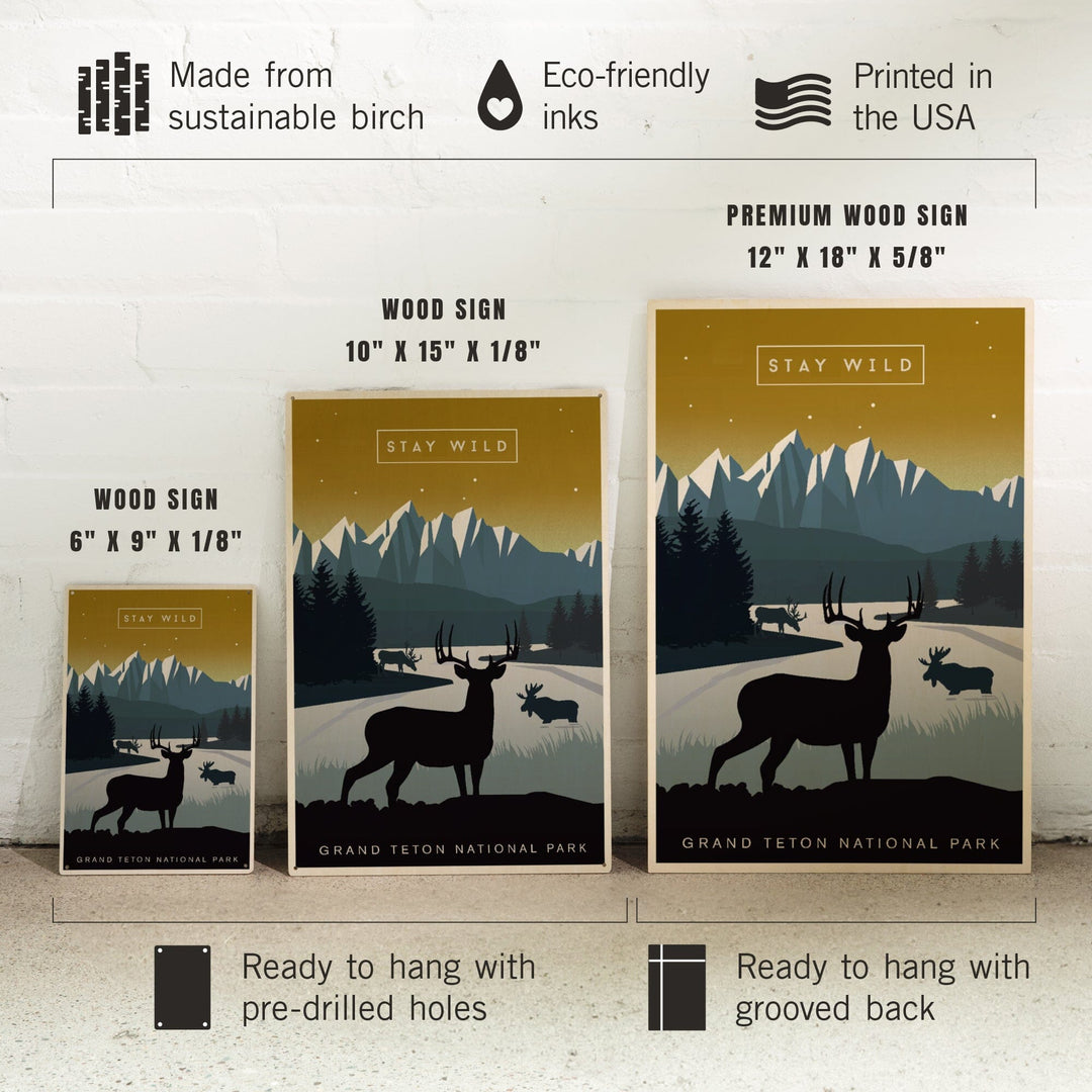 Grand Teton National Park, Wyoming, Animal Silhouettes, Yellow and Blue, Wood Signs and Postcards Wood Lantern Press