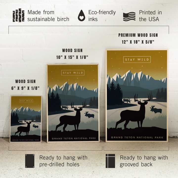 Grand Teton National Park, Wyoming, Animal Silhouettes, Yellow and Blue, Wood Signs and Postcards Wood Lantern Press