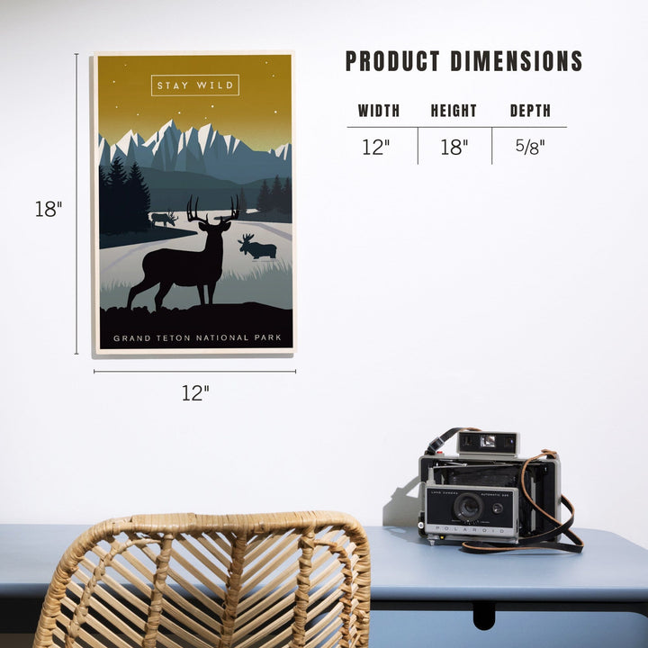 Grand Teton National Park, Wyoming, Animal Silhouettes, Yellow and Blue, Wood Signs and Postcards Wood Lantern Press