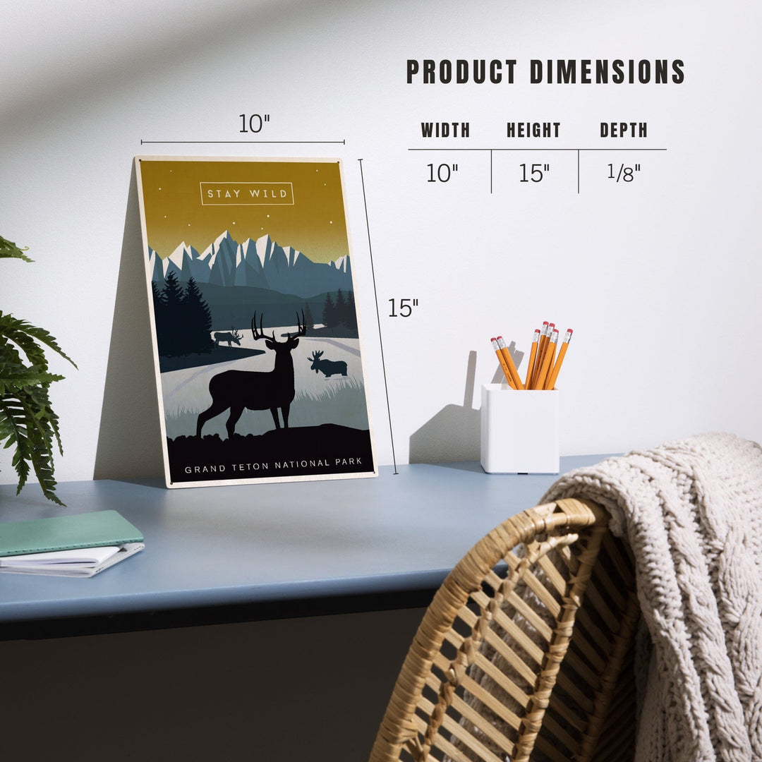 Grand Teton National Park, Wyoming, Animal Silhouettes, Yellow and Blue, Wood Signs and Postcards Wood Lantern Press