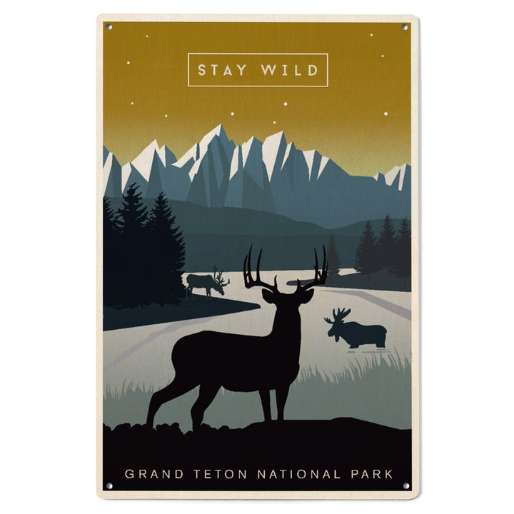 Grand Teton National Park, Wyoming, Animal Silhouettes, Yellow and Blue, Wood Signs and Postcards Wood Lantern Press