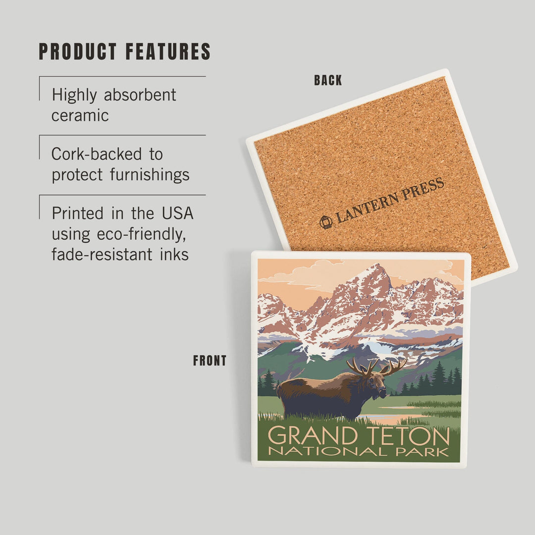 Grand Teton National Park, Wyoming, Moose and Mountains, Coasters Coasters Lantern Press
