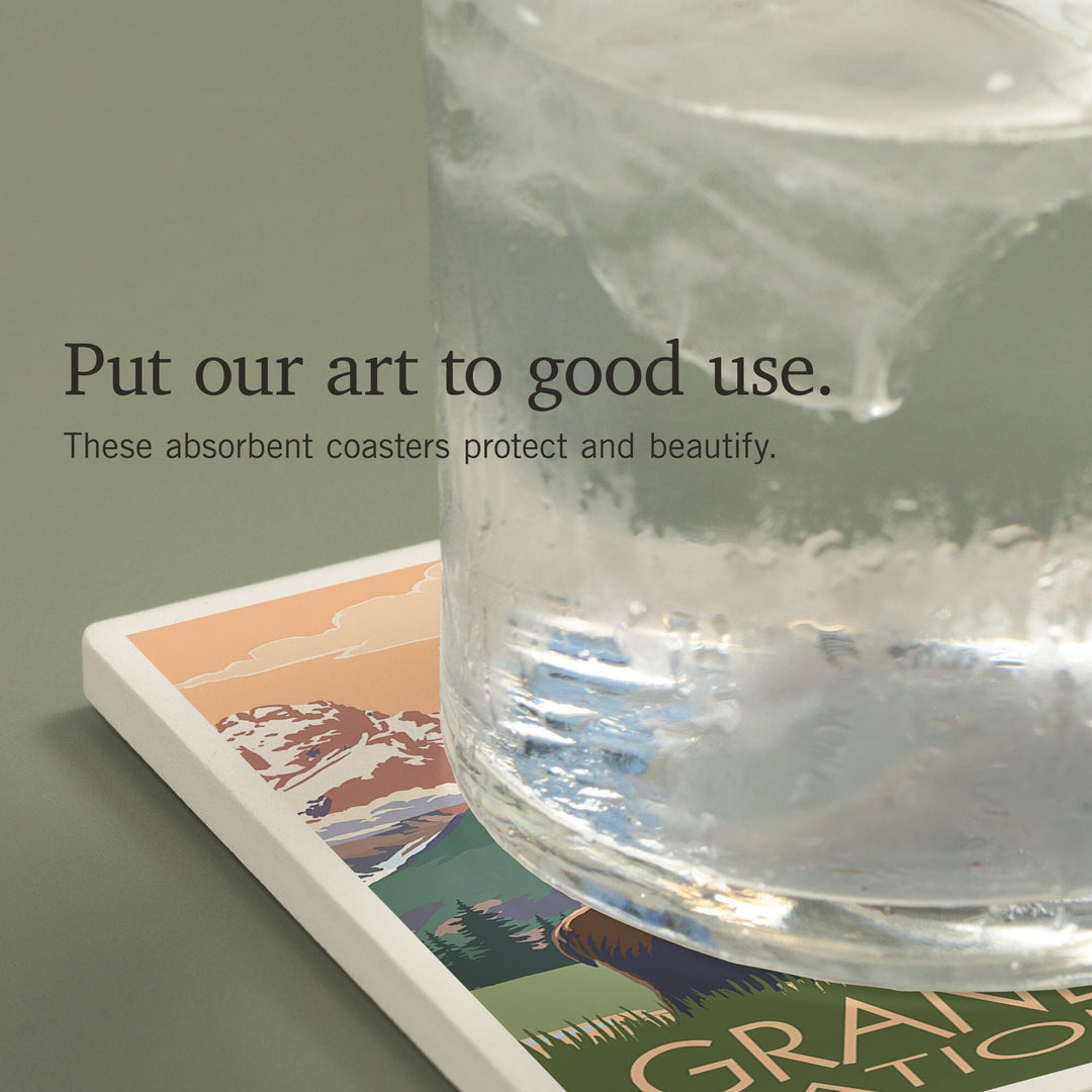 Grand Teton National Park, Wyoming, Moose and Mountains, Coasters Coasters Lantern Press