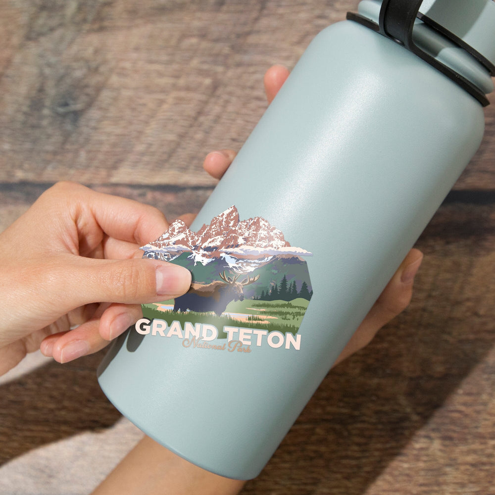 Grand Teton National Park, Wyoming, Moose & Mountains, Alt Contour, Lantern Press Artwork, Vinyl Sticker Sticker Lantern Press 