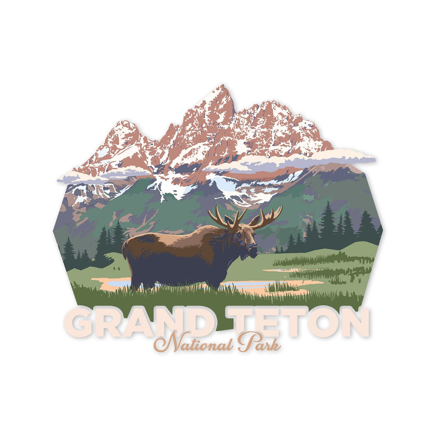 Grand Teton National Park, Wyoming, Moose & Mountains, Alt Contour, Lantern Press Artwork, Vinyl Sticker - Lantern Press