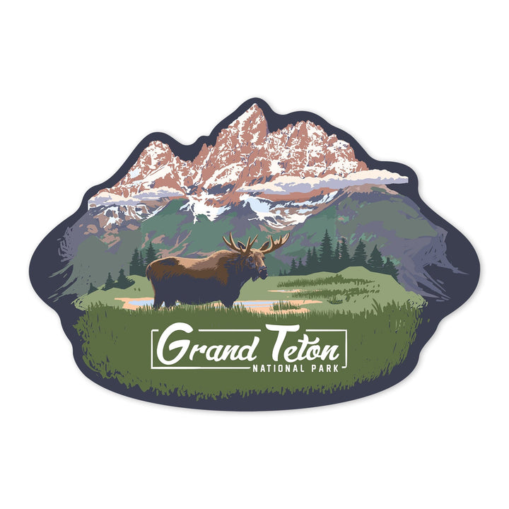 Grand Teton National Park, Wyoming, Moose & Mountains, Contour, Lantern Press Artwork, Vinyl Sticker - Lantern Press