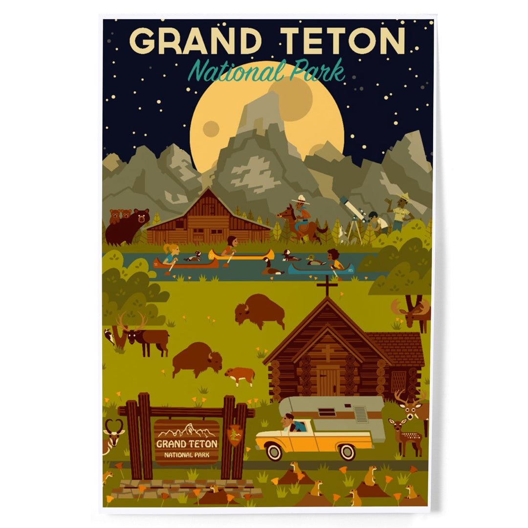 Grand Teton National Park, Wyoming, Nighttime Geometric, Art & Giclee Prints Art Lantern Press 12 x 18 Art Print