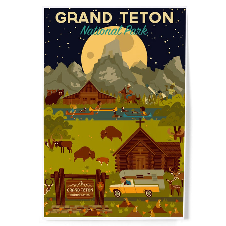 Grand Teton National Park, Wyoming, Nighttime Geometric, Art & Giclee Prints Art Lantern Press 12 x 18 Art Print