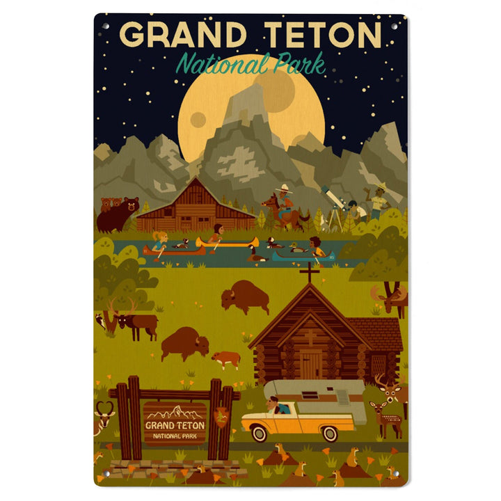 Grand Teton National Park, Wyoming, Nighttime Geometric, Wood Signs and Postcards Wood Lantern Press
