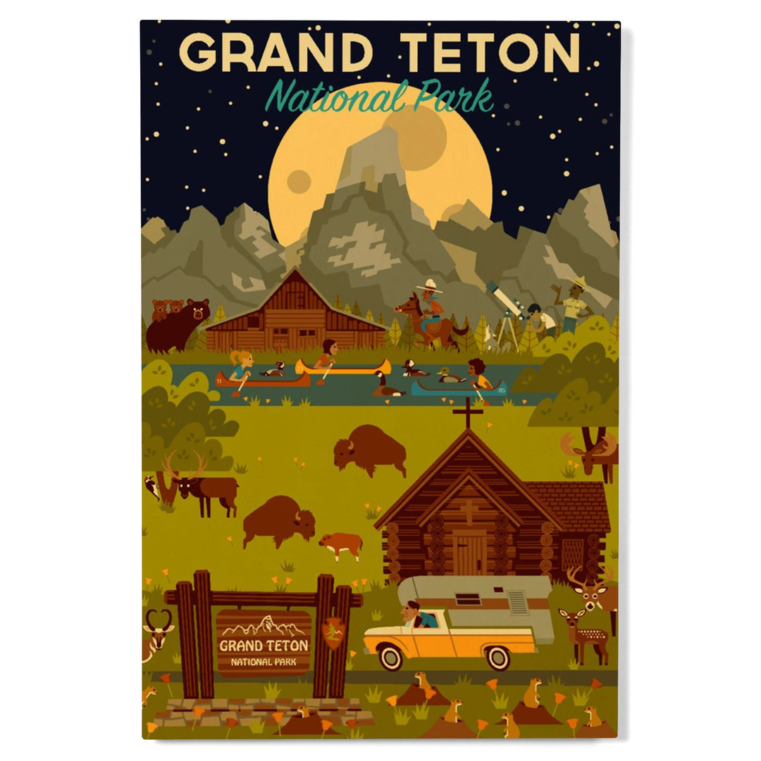 Grand Teton National Park, Wyoming, Nighttime Geometric, Wood Signs and Postcards Wood Lantern Press