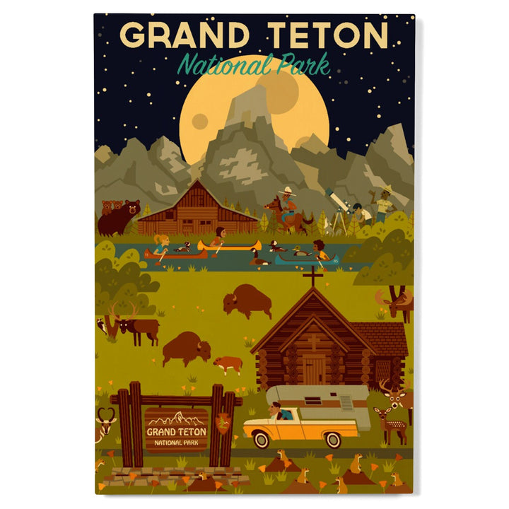 Grand Teton National Park, Wyoming, Nighttime Geometric, Wood Signs and Postcards Wood Lantern Press