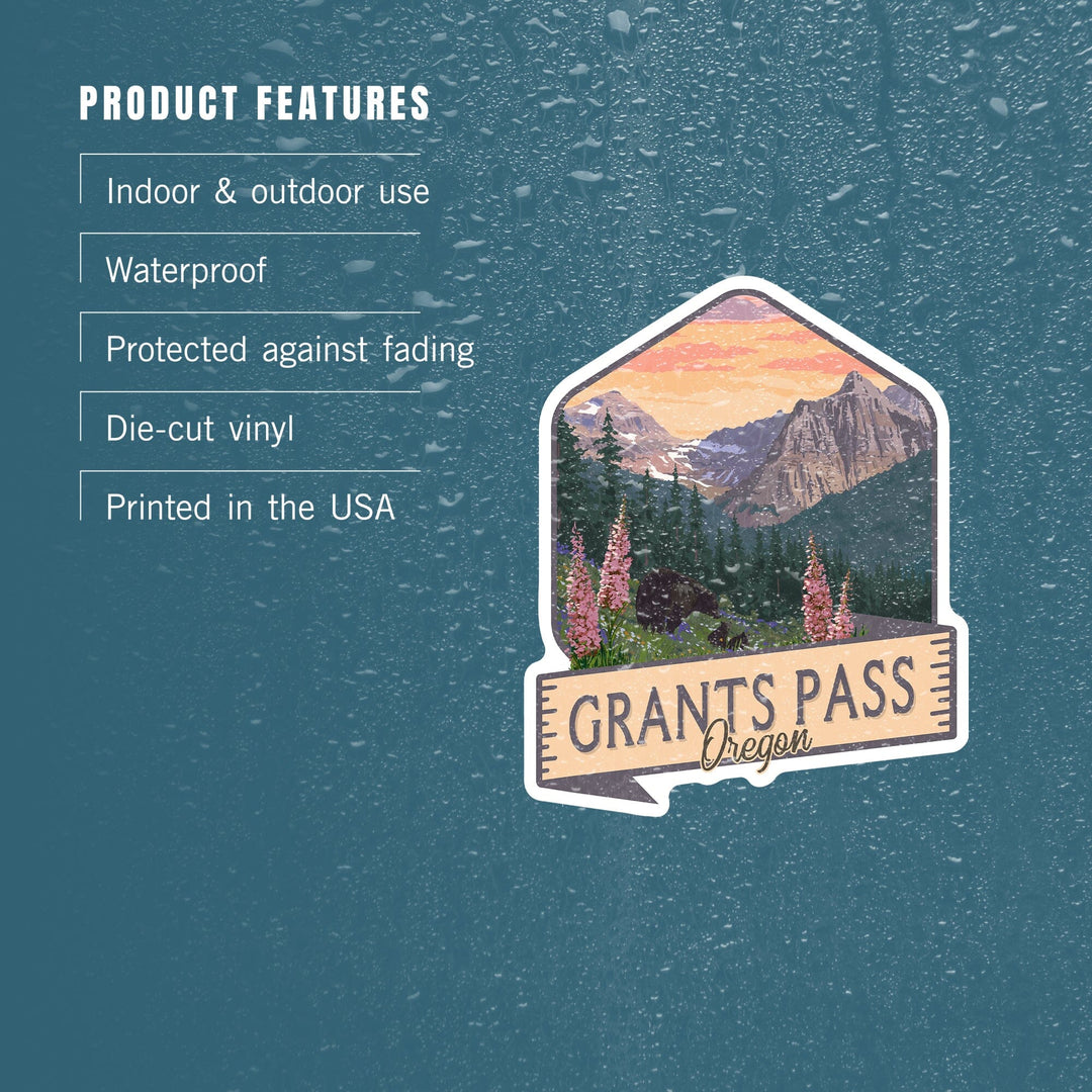 Grants Pass, Oregon, Bear and Spring flowers, Badge, Contour, Lantern Press Artwork, Vinyl Sticker - Lantern Press