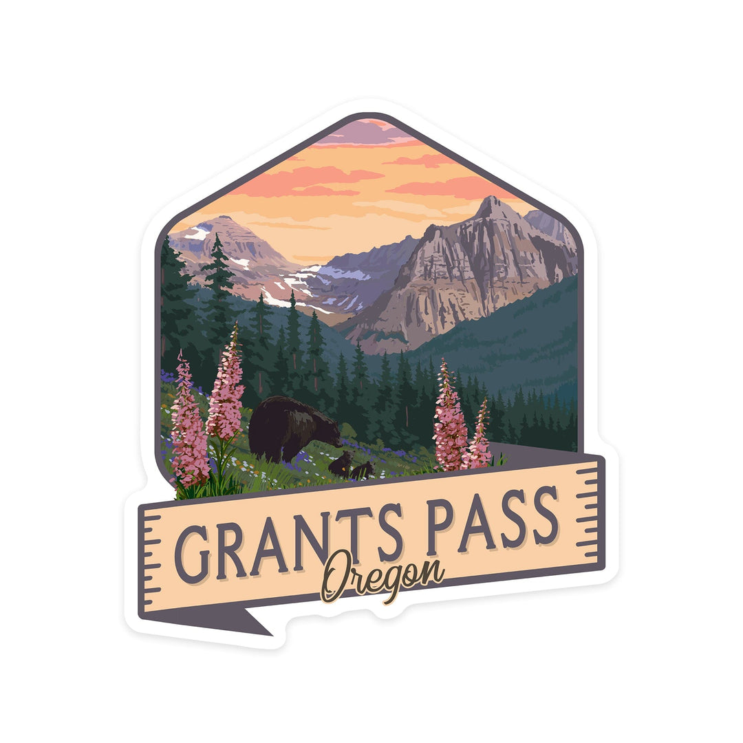 Grants Pass, Oregon, Bear and Spring flowers, Badge, Contour, Lantern Press Artwork, Vinyl Sticker - Lantern Press
