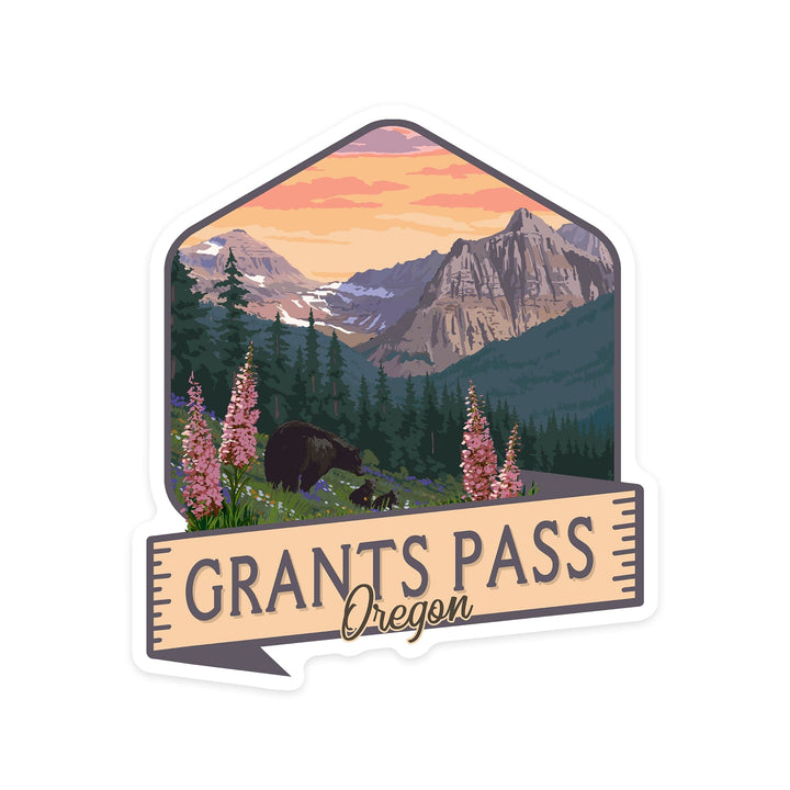 Grants Pass, Oregon, Bear and Spring flowers, Badge, Contour, Lantern Press Artwork, Vinyl Sticker - Lantern Press