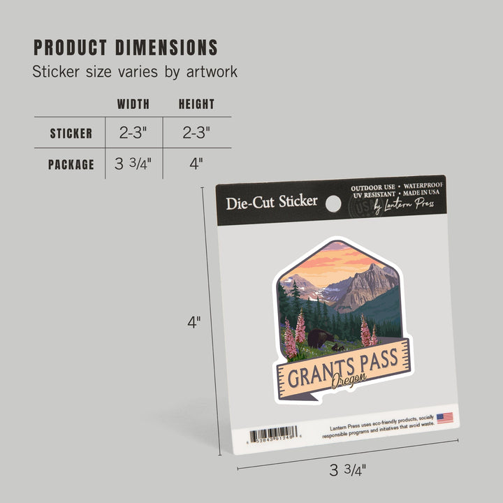 Grants Pass, Oregon, Bear and Spring flowers, Badge, Contour, Lantern Press Artwork, Vinyl Sticker - Lantern Press