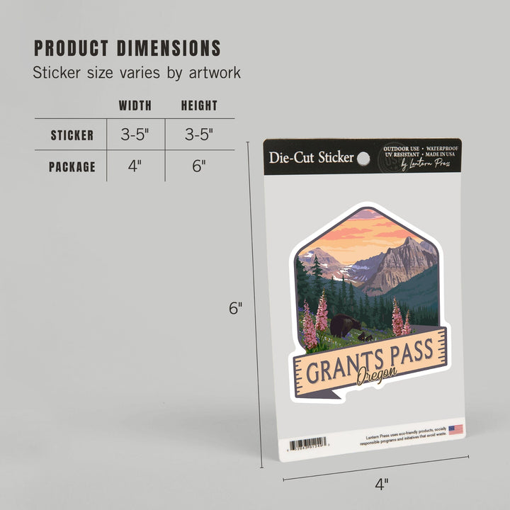 Grants Pass, Oregon, Bear and Spring flowers, Badge, Contour, Lantern Press Artwork, Vinyl Sticker - Lantern Press