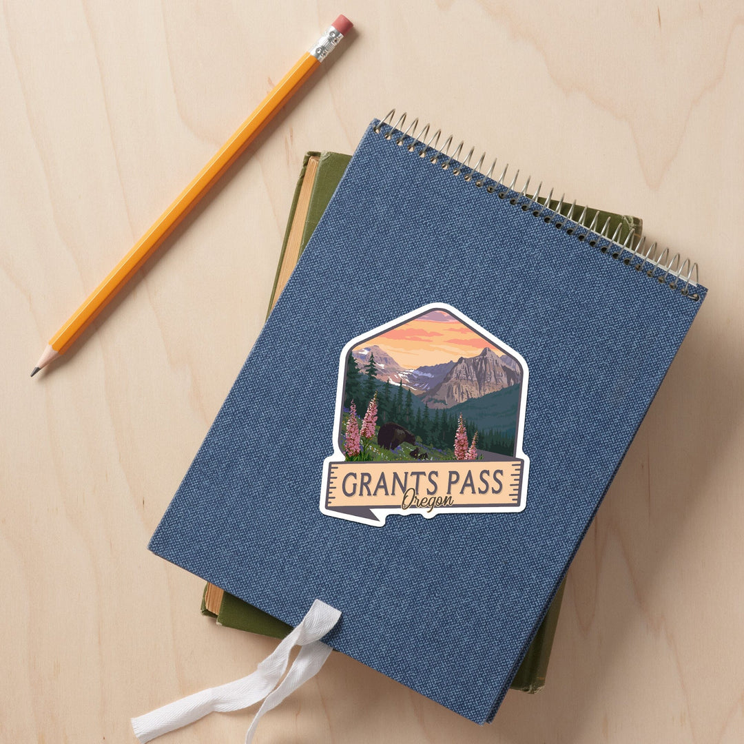 Grants Pass, Oregon, Bear and Spring flowers, Badge, Contour, Lantern Press Artwork, Vinyl Sticker - Lantern Press