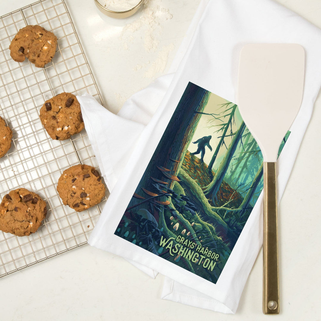 Grays Harbor, Washington, Get Outside Series, Wanderer, Bigfoot in Forest, Organic Cotton Kitchen Tea Towels Kitchen Lantern Press