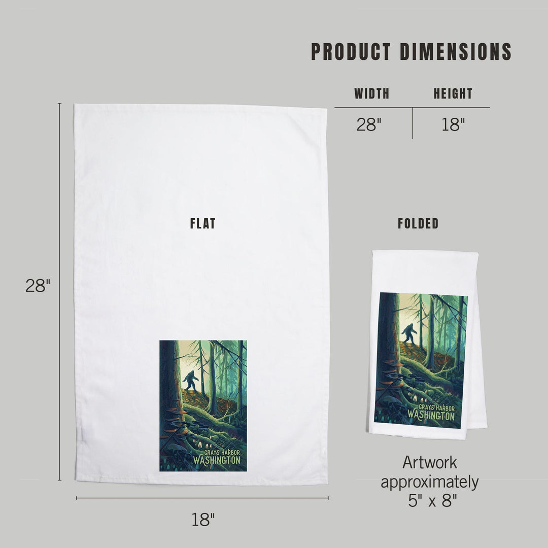 Grays Harbor, Washington, Get Outside Series, Wanderer, Bigfoot in Forest, Organic Cotton Kitchen Tea Towels Kitchen Lantern Press
