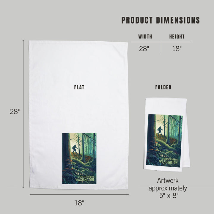 Grays Harbor, Washington, Get Outside Series, Wanderer, Bigfoot in Forest, Organic Cotton Kitchen Tea Towels Kitchen Lantern Press