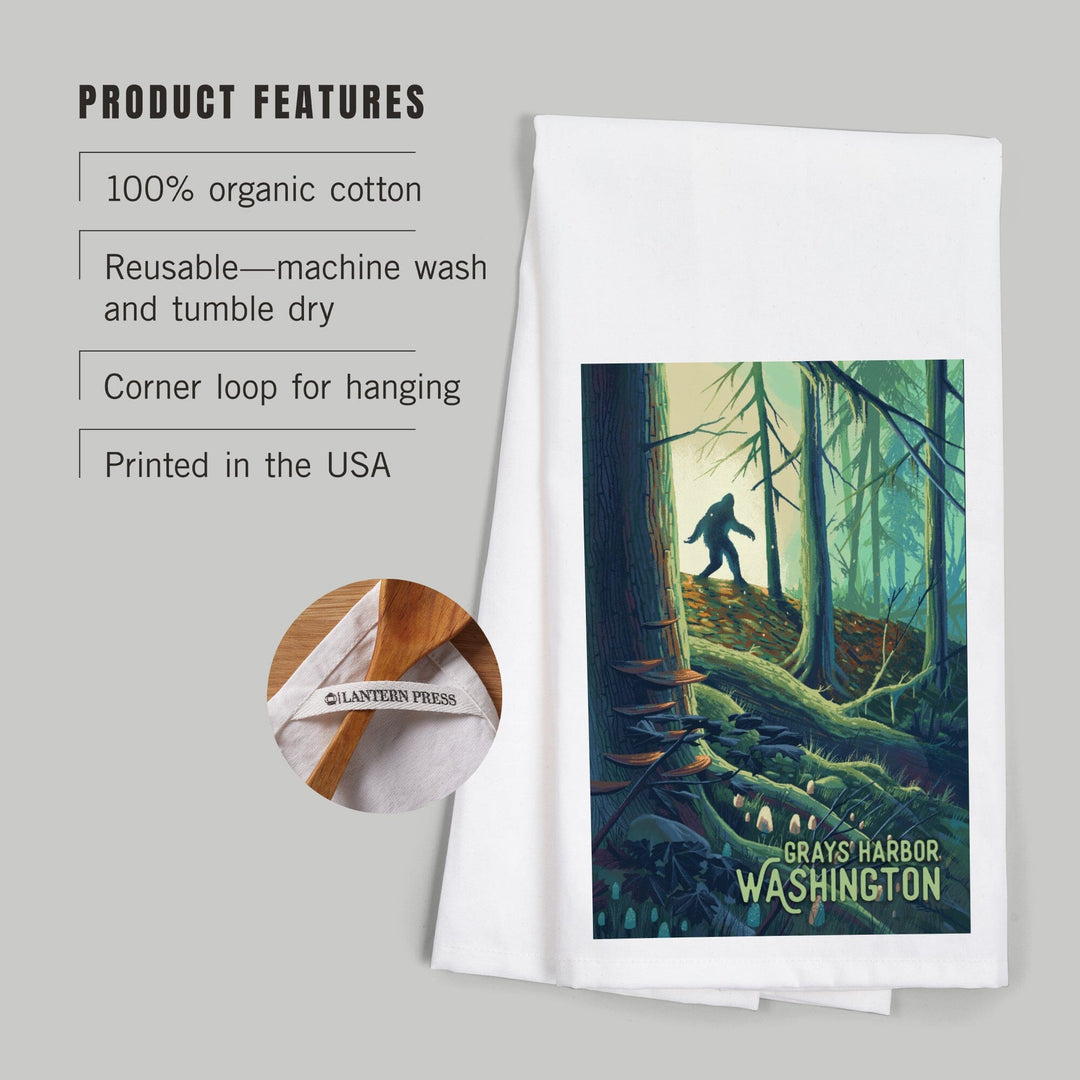 Grays Harbor, Washington, Get Outside Series, Wanderer, Bigfoot in Forest, Organic Cotton Kitchen Tea Towels Kitchen Lantern Press
