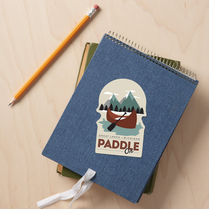 Great Lakes, Michigan, Paddle On, Contour, Lantern Press Artwork, Vinyl Sticker - Lantern Press