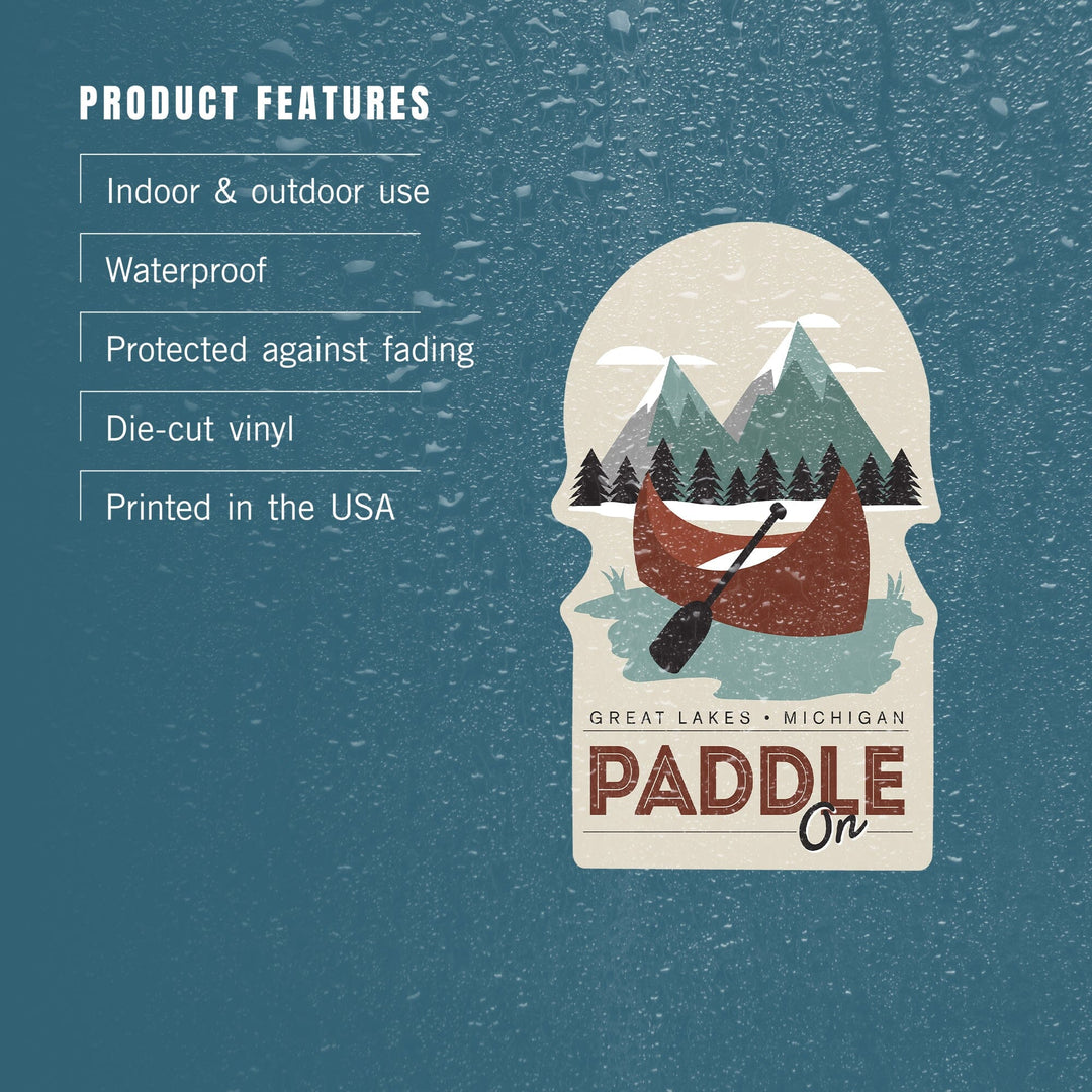 Great Lakes, Michigan, Paddle On, Contour, Lantern Press Artwork, Vinyl Sticker - Lantern Press