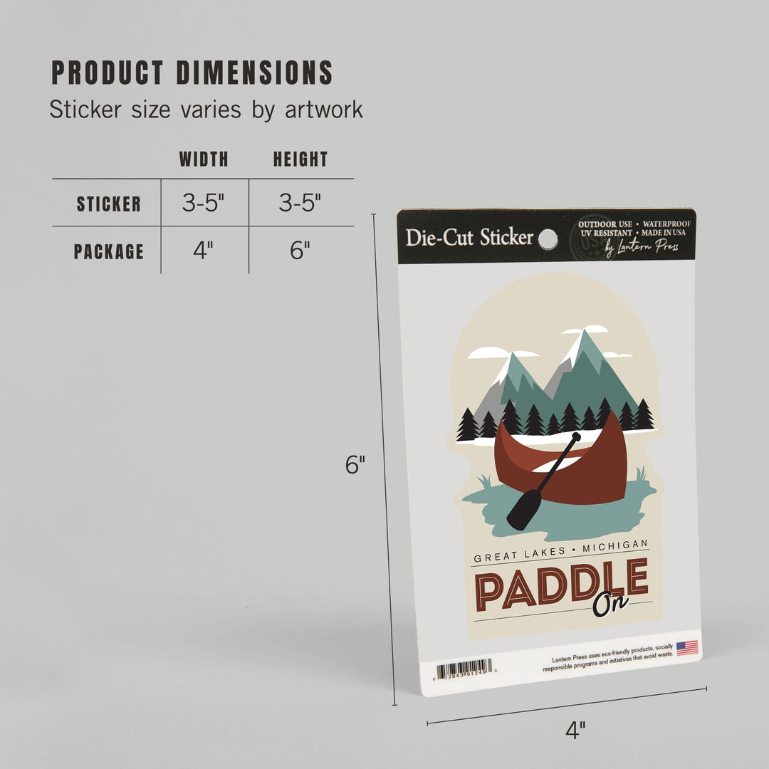 Great Lakes, Michigan, Paddle On, Contour, Lantern Press Artwork, Vinyl Sticker - Lantern Press