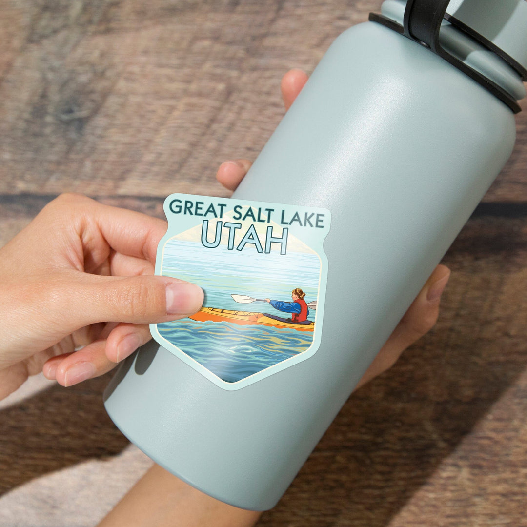 Great Salt Lake, Utah, Kayak Scene, Contour, Lantern Press Artwork, Vinyl Sticker - Lantern Press
