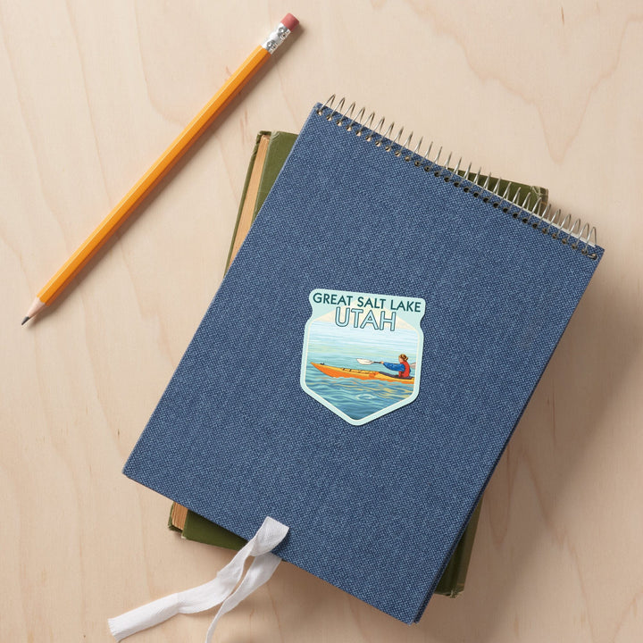 Great Salt Lake, Utah, Kayak Scene, Contour, Lantern Press Artwork, Vinyl Sticker - Lantern Press