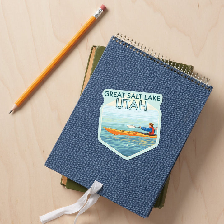 Great Salt Lake, Utah, Kayak Scene, Contour, Lantern Press Artwork, Vinyl Sticker - Lantern Press