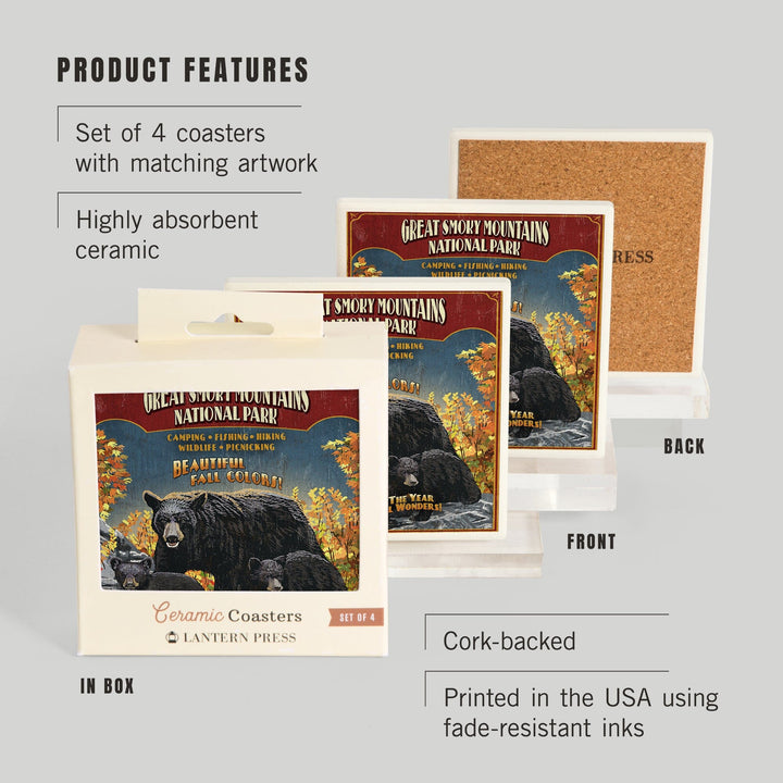 Great Smoky Mountain National Park, Tennessee, Black Bears Vintage Sign, Coasters Coasters Lantern Press