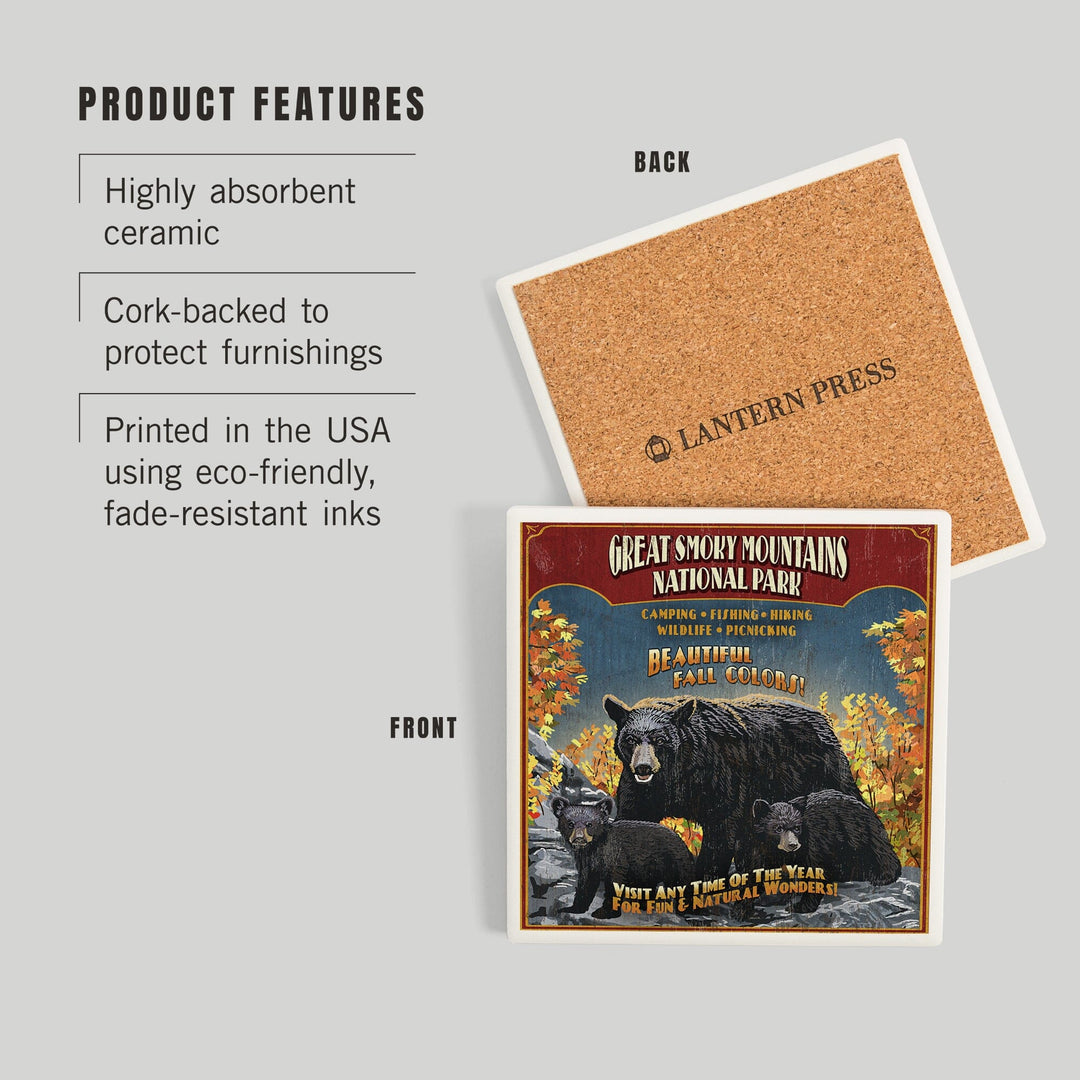 Great Smoky Mountain National Park, Tennessee, Black Bears Vintage Sign, Coasters Coasters Lantern Press