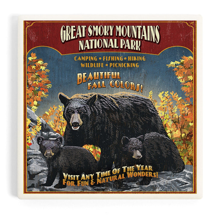 Great Smoky Mountain National Park, Tennessee, Black Bears Vintage Sign, Coasters Coasters Lantern Press Coaster