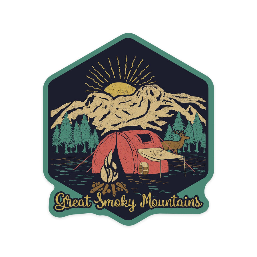 Great Smoky Mountains, Camping Scene, Contour, Lantern Press Artwork, Vinyl Sticker - Lantern Press