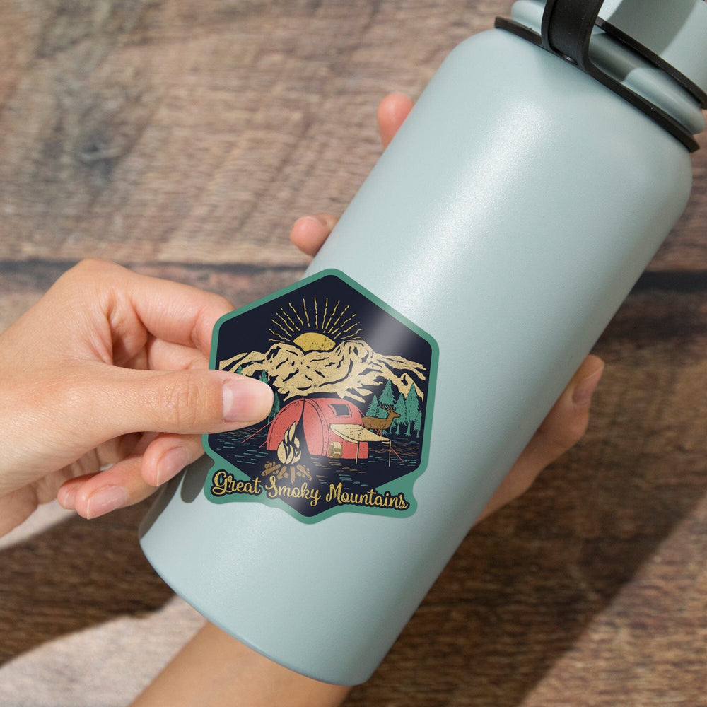 Great Smoky Mountains, Camping Scene, Contour, Lantern Press Artwork, Vinyl Sticker - Lantern Press