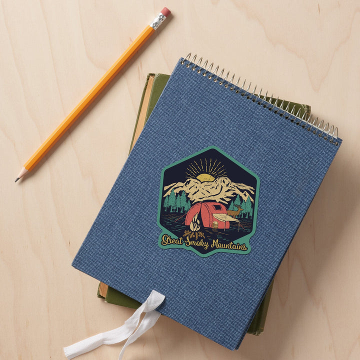 Great Smoky Mountains, Camping Scene, Contour, Lantern Press Artwork, Vinyl Sticker - Lantern Press