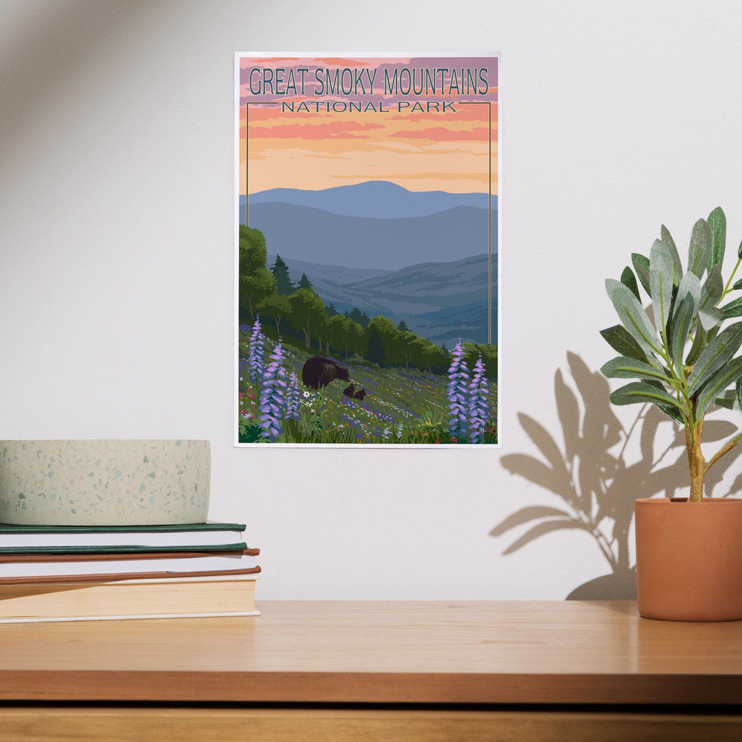 Great Smoky Mountains National Park, Bear and Spring Flowers, Art & Giclee Prints Art Lantern Press 