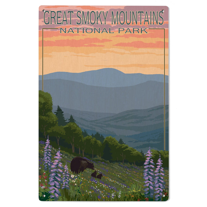 Great Smoky Mountains National Park, Bear and Spring Flowers, Lantern Press Artwork, Wood Signs and Postcards - Lantern Press