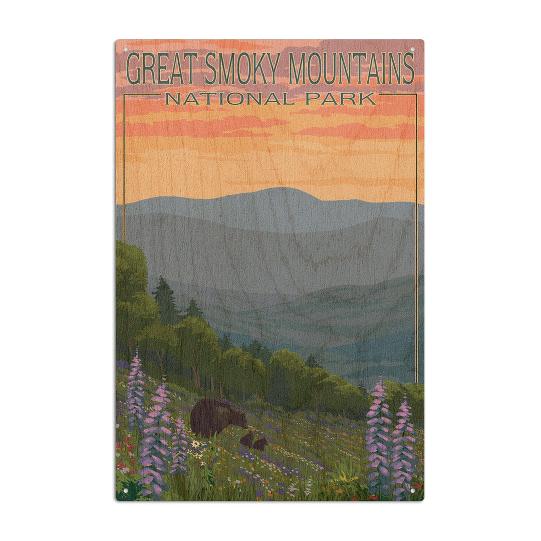 Great Smoky Mountains National Park, Bear and Spring Flowers, Lantern Press Artwork, Wood Signs and Postcards - Lantern Press