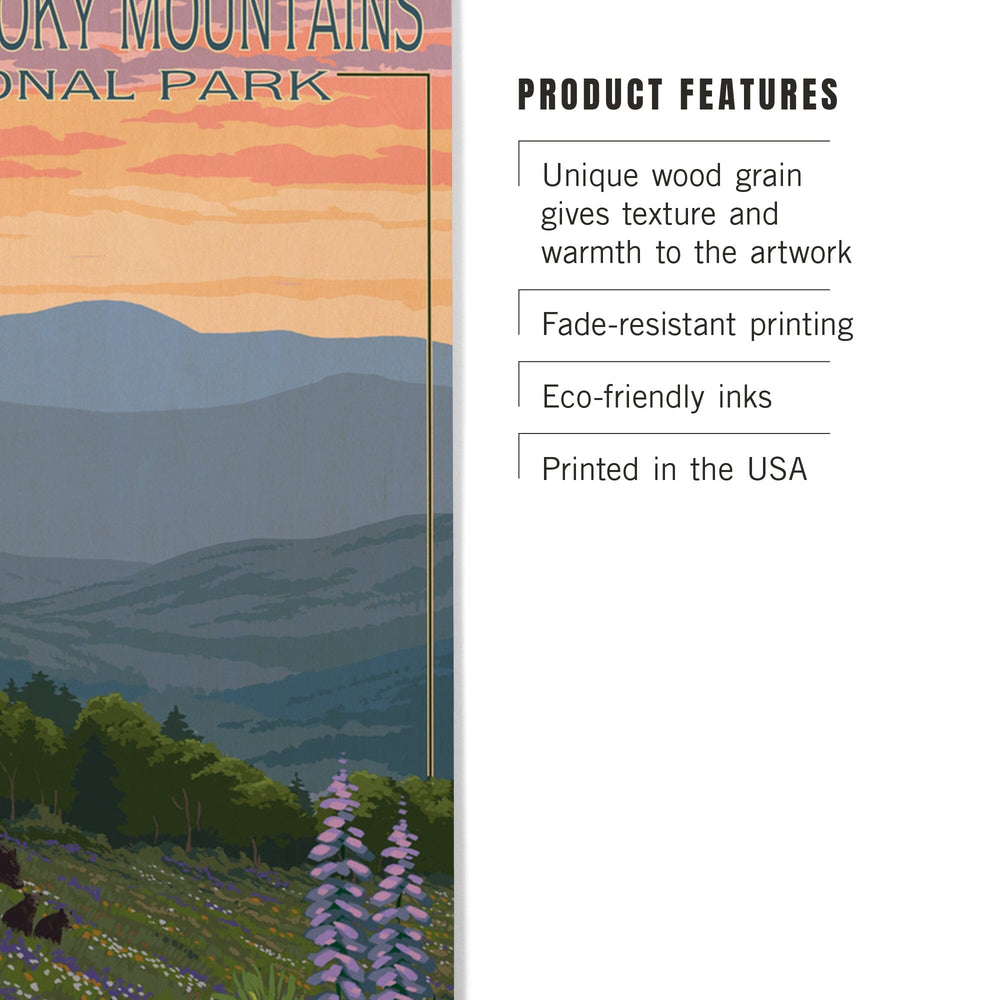 Great Smoky Mountains National Park, Bear and Spring Flowers, Lantern Press Artwork, Wood Signs and Postcards - Lantern Press