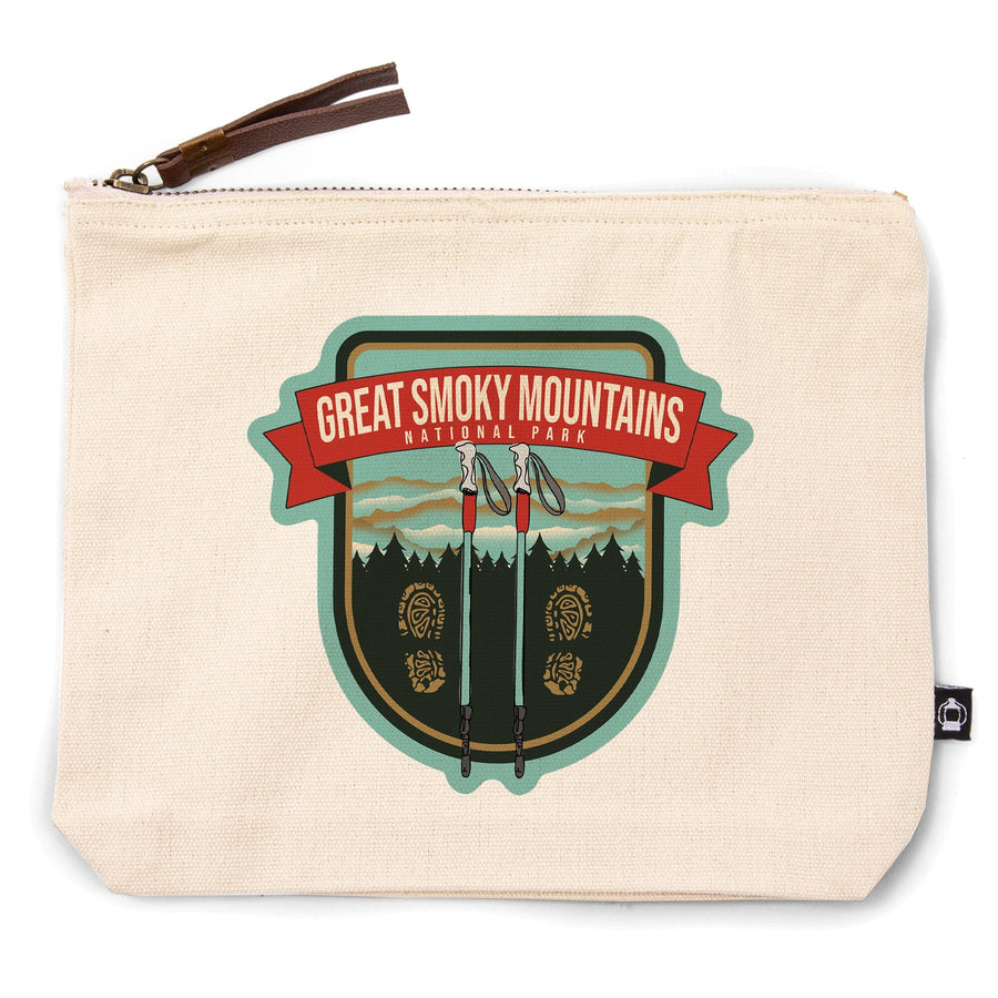 Great Smoky Mountains National Park, Hiking Poles and Shoe Prints, Organic Cotton Zipper Pouch, Go Bag Go Bag Lantern Press