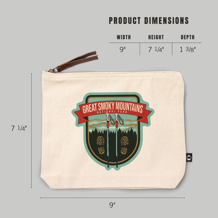 Great Smoky Mountains National Park, Hiking Poles and Shoe Prints, Organic Cotton Zipper Pouch, Go Bag Go Bag Lantern Press