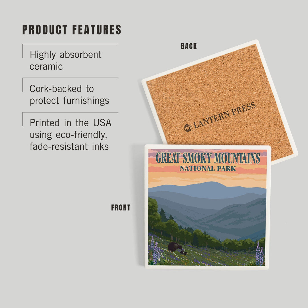 Great Smoky Mountains National Park, Tennessee, Bear and Spring Flowers Press, Coasters Coasters Lantern Press