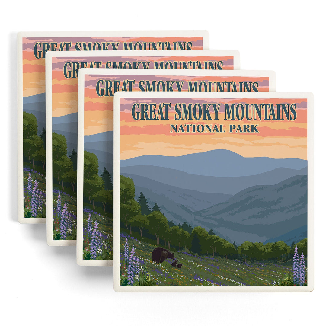 Great Smoky Mountains National Park, Tennessee, Bear and Spring Flowers Press, Coasters Coasters Lantern Press