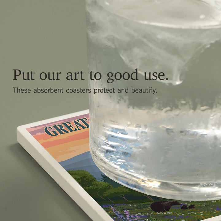 Great Smoky Mountains National Park, Tennessee, Bear and Spring Flowers Press, Coasters Coasters Lantern Press