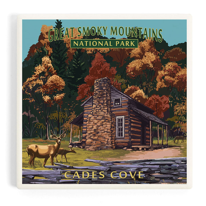 Great Smoky Mountains National Park, Tennessee, Cades Cove and John Oliver Cabin Press, Coasters Coasters Lantern Press Coaster