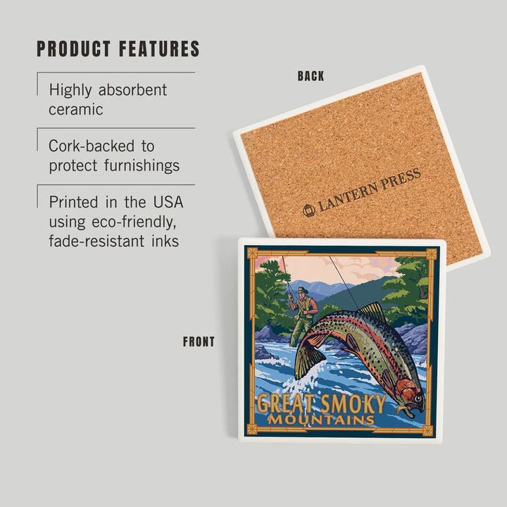 Great Smoky Mountains National Park, Tennessee, Painterly, Angler Fly Fishing Scene, Coasters Coasters Lantern Press